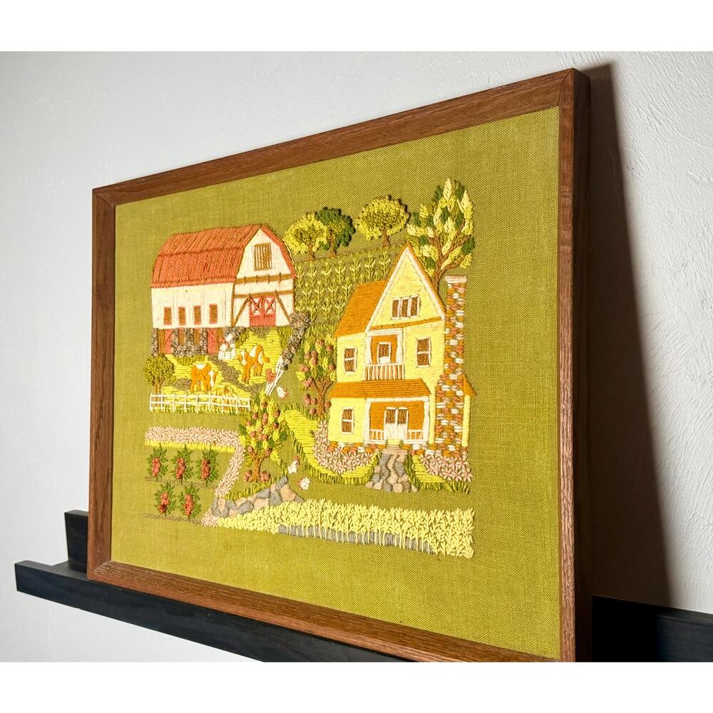 1970s Crewel Embroidery Farmhouse Wall Art – Avocado Green Fiber Art (Framed) - Picture 6 of 12